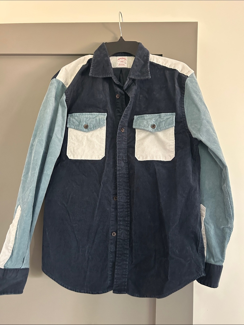 Brooks Brothers Colorblock Corduroy Shirt Jacket — Navy, Light Blue & White